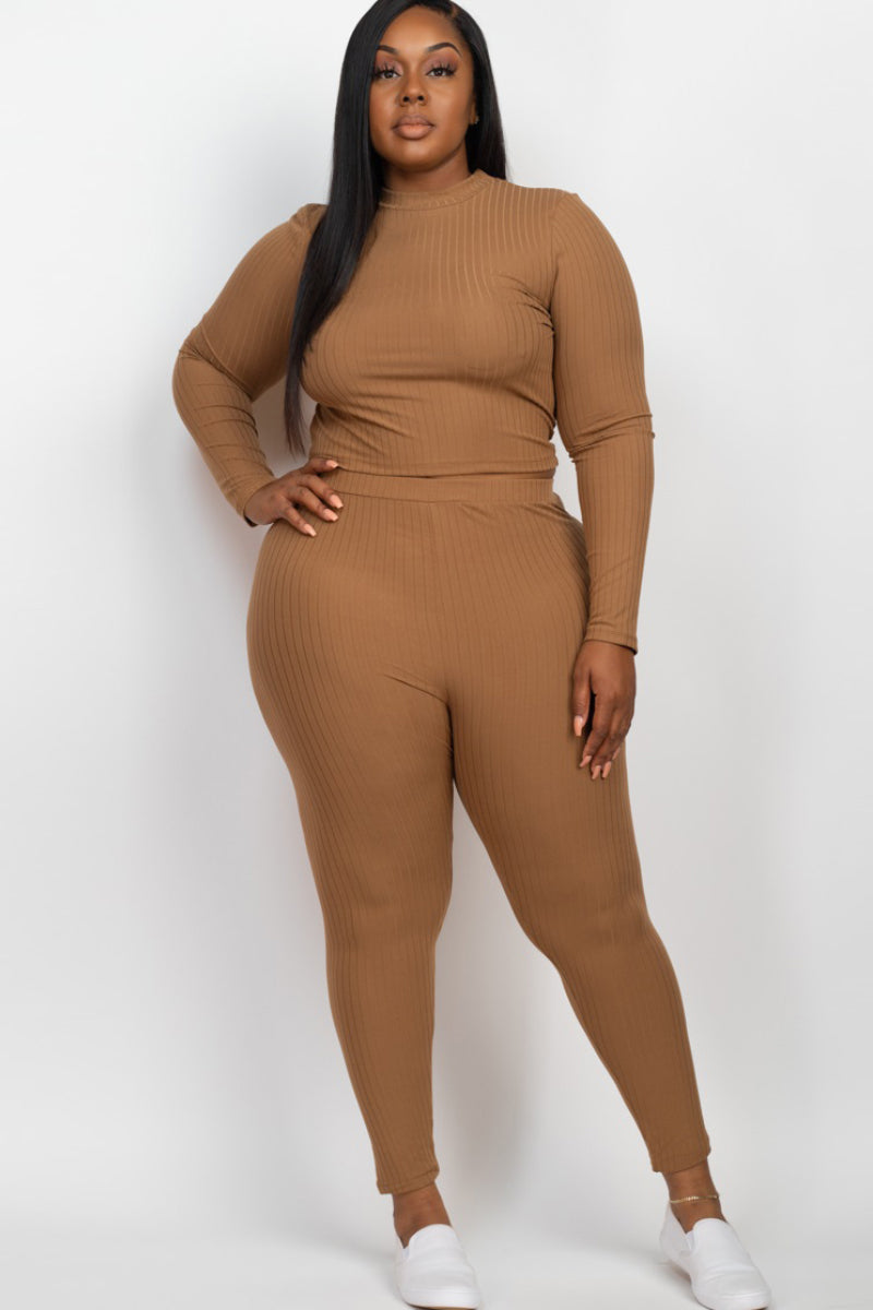 Plus Size Ribbed Mock Neck Long Sleeve Top & Leggings Set