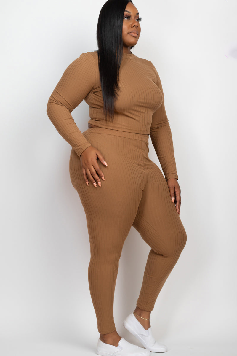 Plus Size Ribbed Mock Neck Long Sleeve Top & Leggings Set