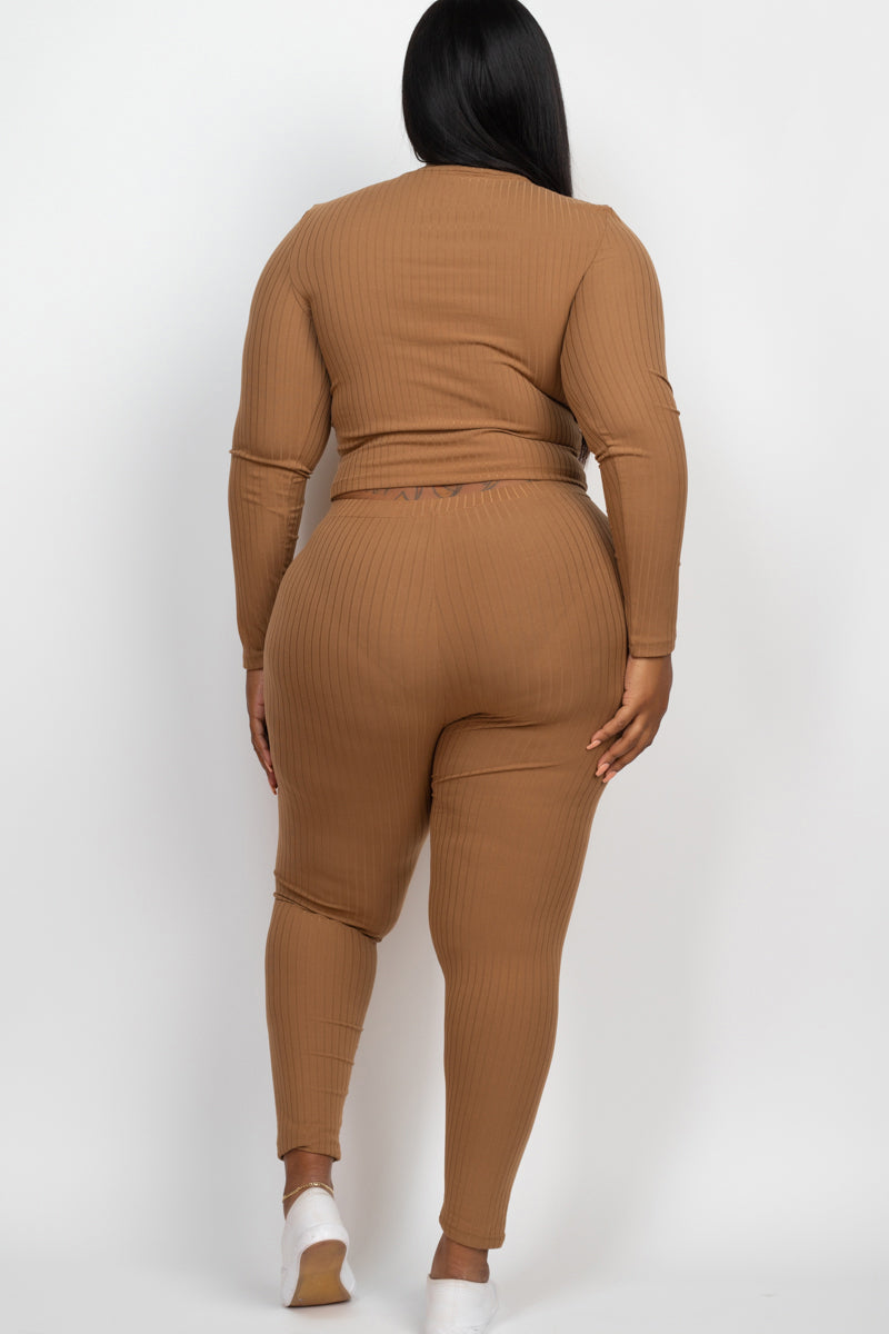 Plus Size Ribbed Mock Neck Long Sleeve Top & Leggings Set