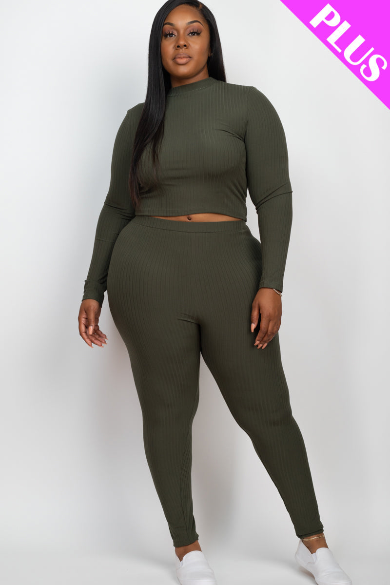 Plus Size Ribbed Mock Neck Long Sleeve Top & Leggings Set