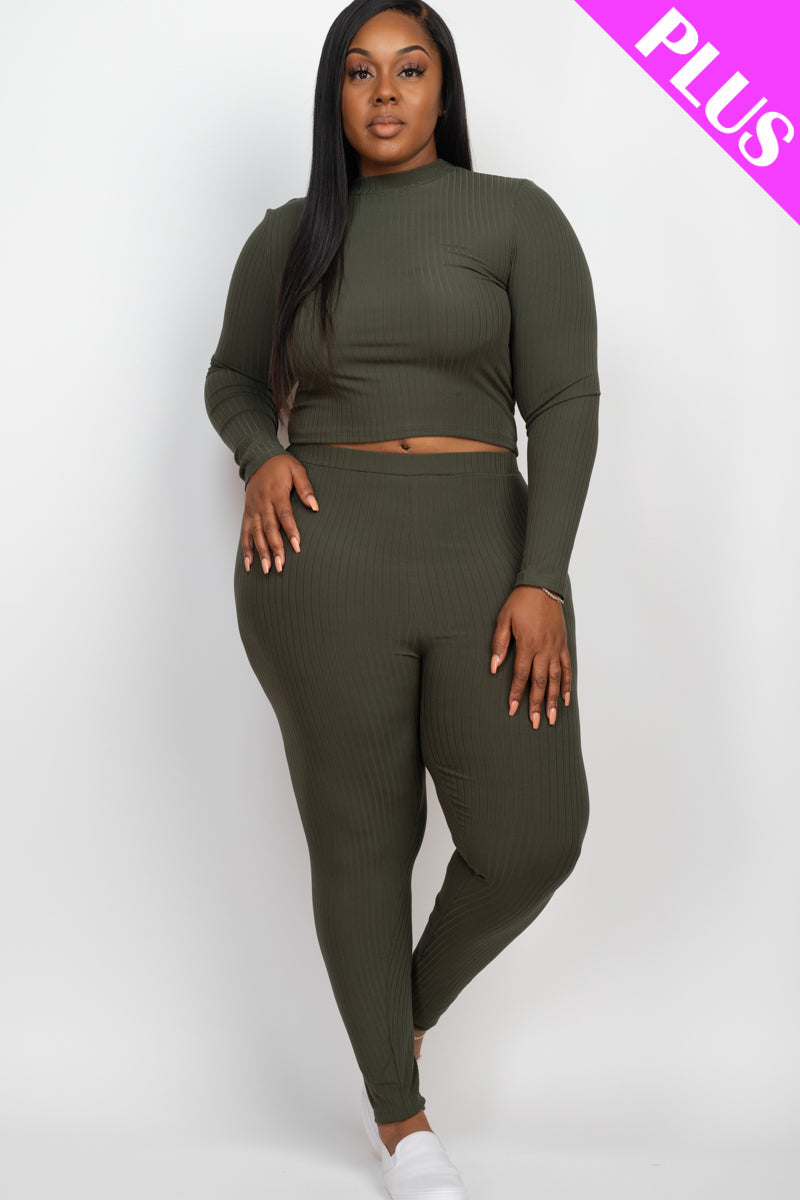 Plus Size Ribbed Mock Neck Long Sleeve Top & Leggings Set