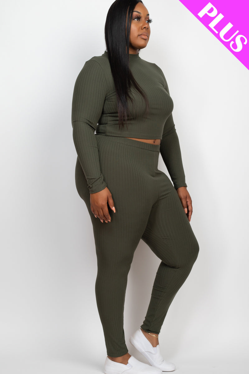 Plus Size Ribbed Mock Neck Long Sleeve Top & Leggings Set