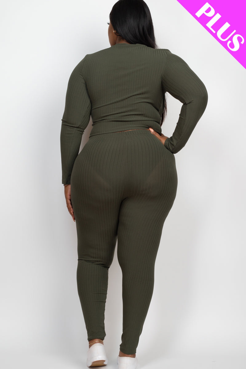 Plus Size Ribbed Mock Neck Long Sleeve Top & Leggings Set