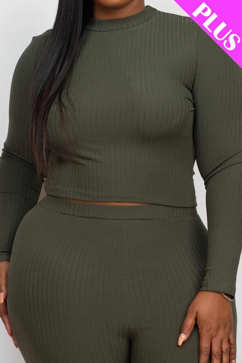 Plus Size Ribbed Mock Neck Long Sleeve Top & Leggings Set