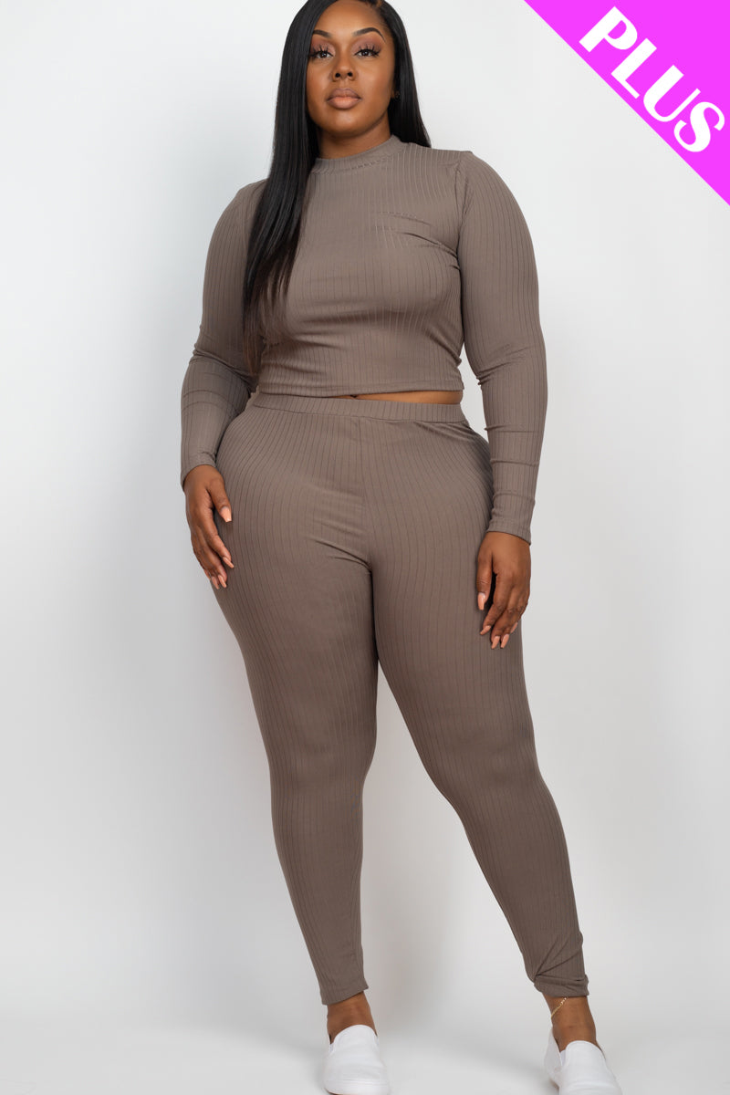 Plus Size Ribbed Mock Neck Long Sleeve Top & Leggings Set