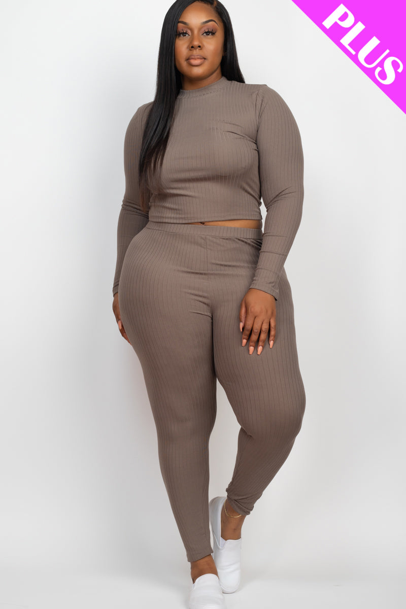 Plus Size Ribbed Mock Neck Long Sleeve Top & Leggings Set