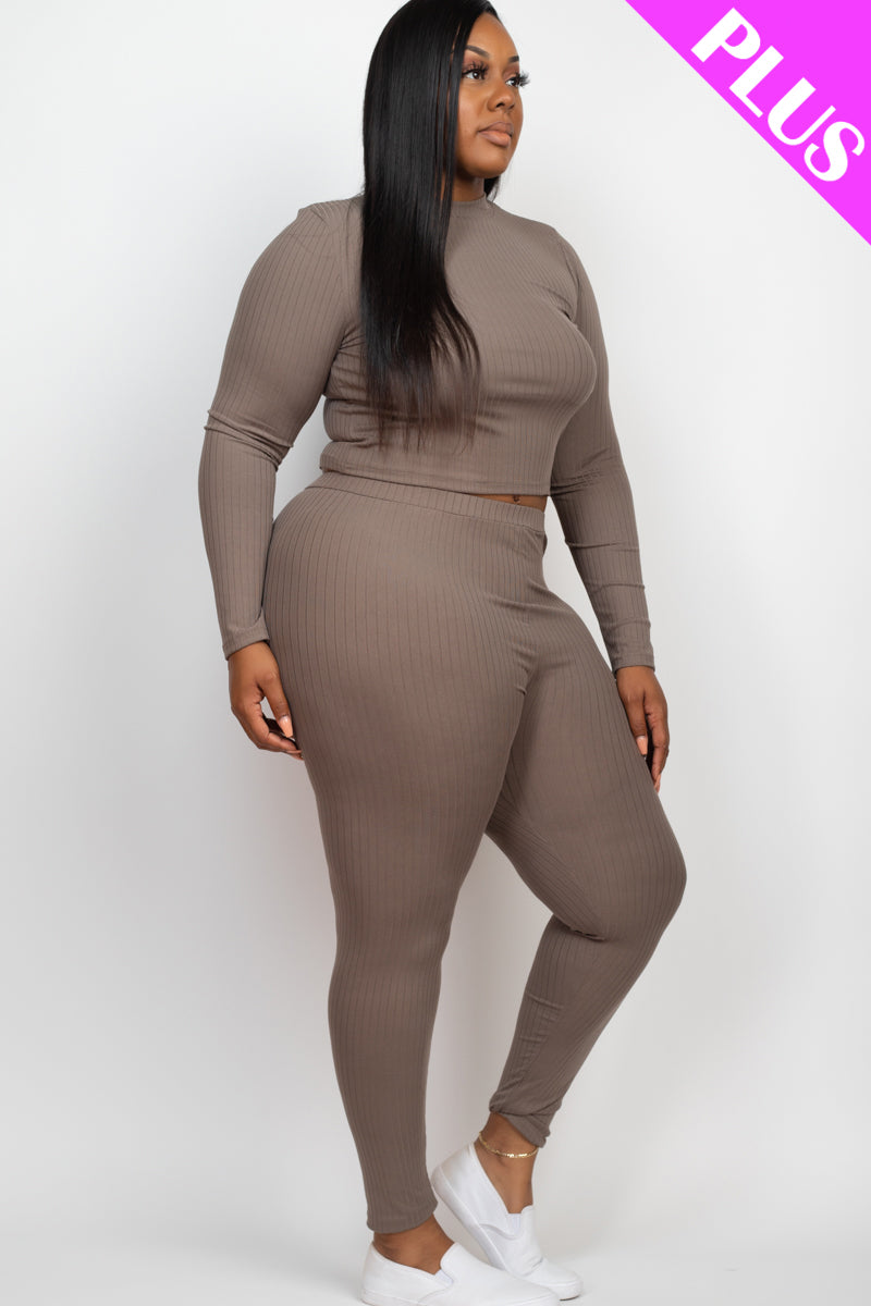 Plus Size Ribbed Mock Neck Long Sleeve Top & Leggings Set