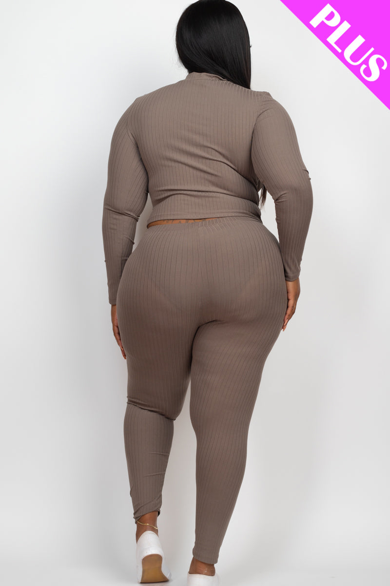 Plus Size Ribbed Mock Neck Long Sleeve Top & Leggings Set