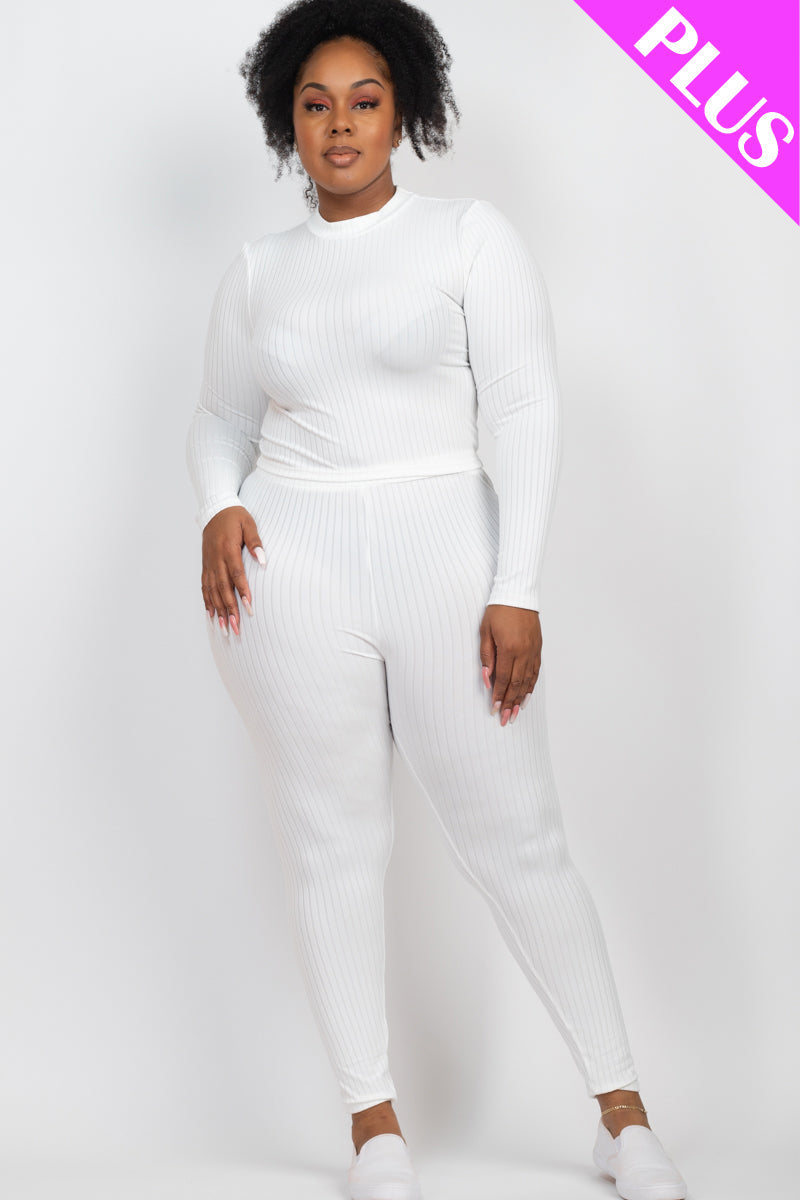 Plus Size Ribbed Mock Neck Long Sleeve Top & Leggings Set