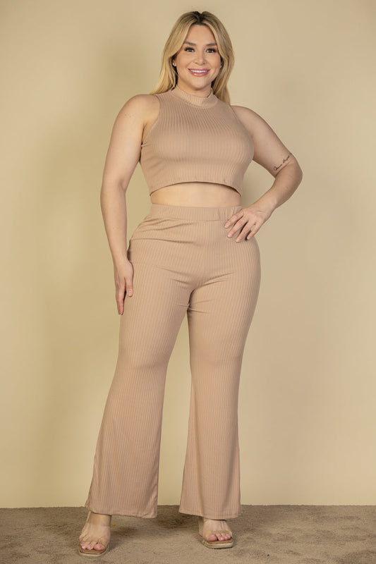 Plus Size Ribbed Mock Neck Crop Tank Top& Bootcut Pants Set