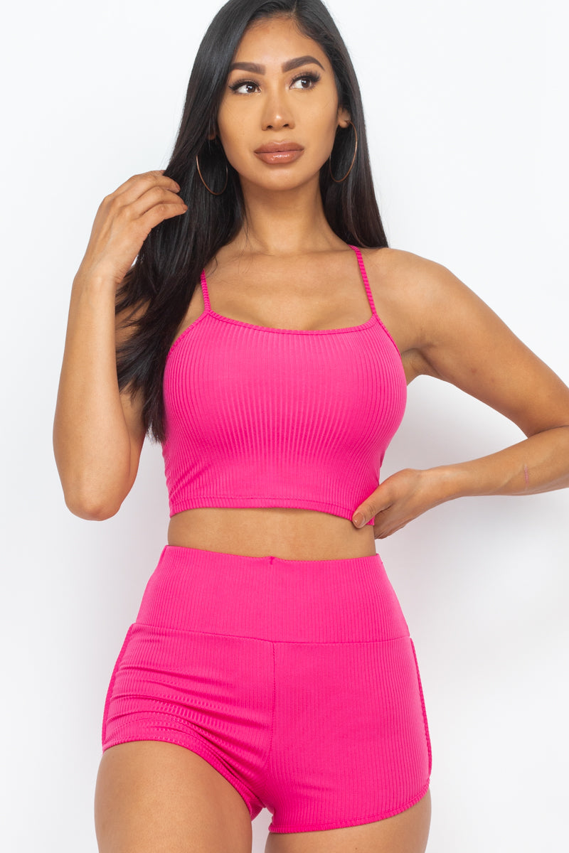 Ribbed Cami Crop Top & Ruched Shorts Set