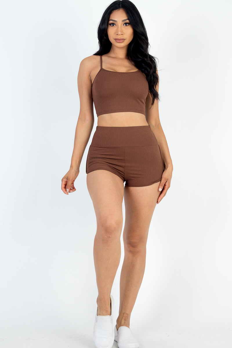 Ribbed Cami Crop Top & Ruched Shorts Set