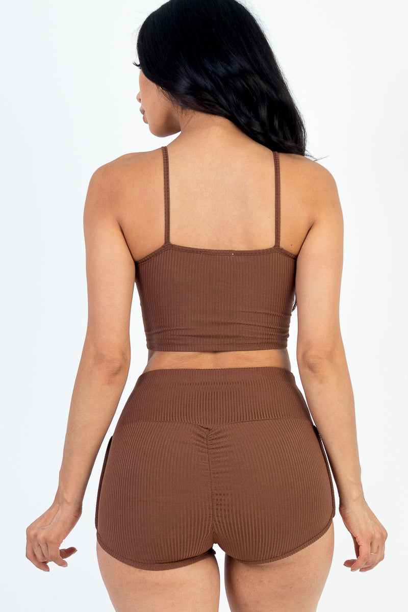 Ribbed Cami Crop Top & Ruched Shorts Set