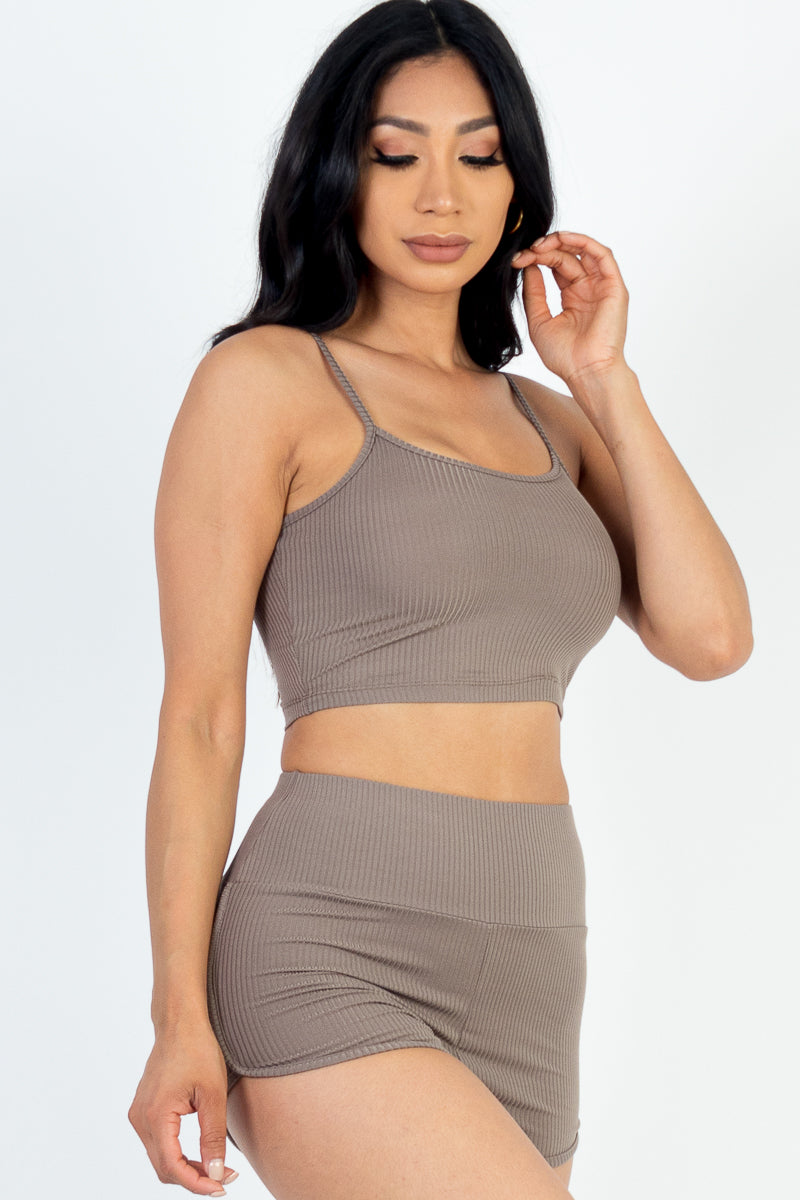 Ribbed Cami Crop Top & Ruched Shorts Set