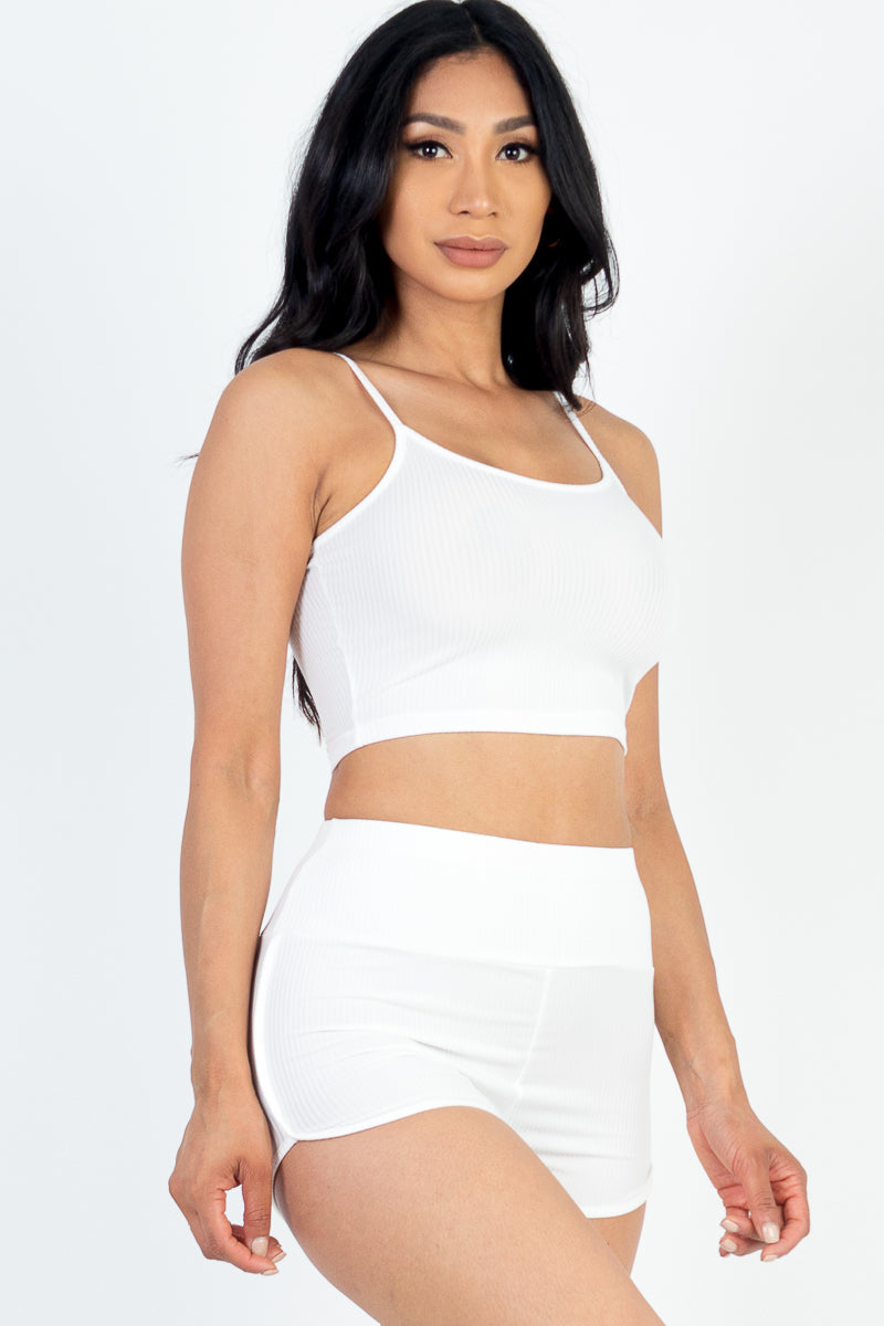 Ribbed Cami Crop Top & Ruched Shorts Set