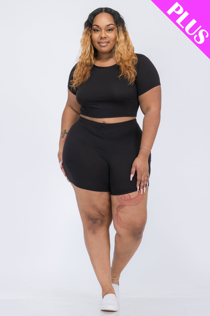 Plus Size Short Sleeve Crop Top & Shorts Set