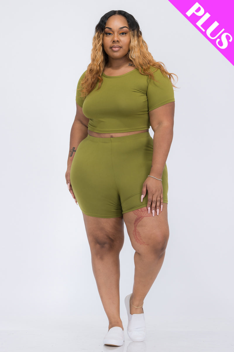 Plus Size Short Sleeve Crop Top & Shorts Set