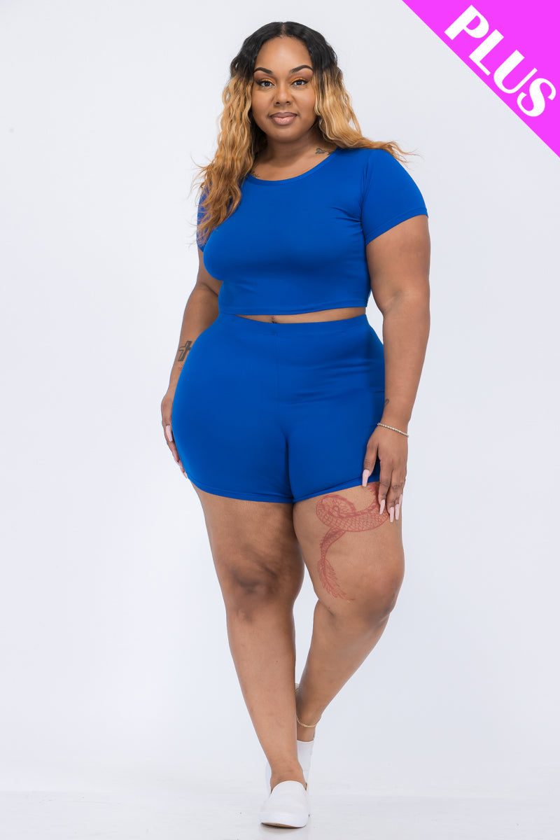 Plus Size Short Sleeve Crop Top & Shorts Set