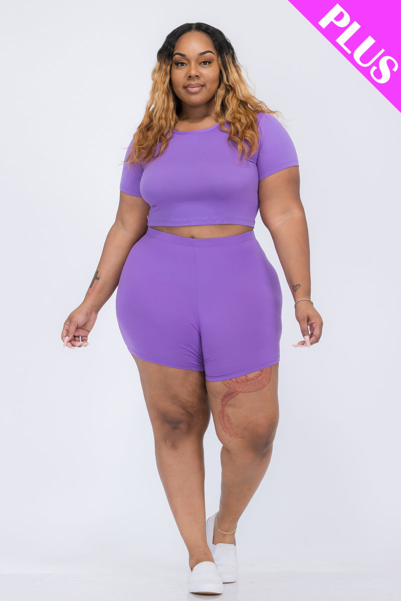 Plus Size Short Sleeve Crop Top & Shorts Set