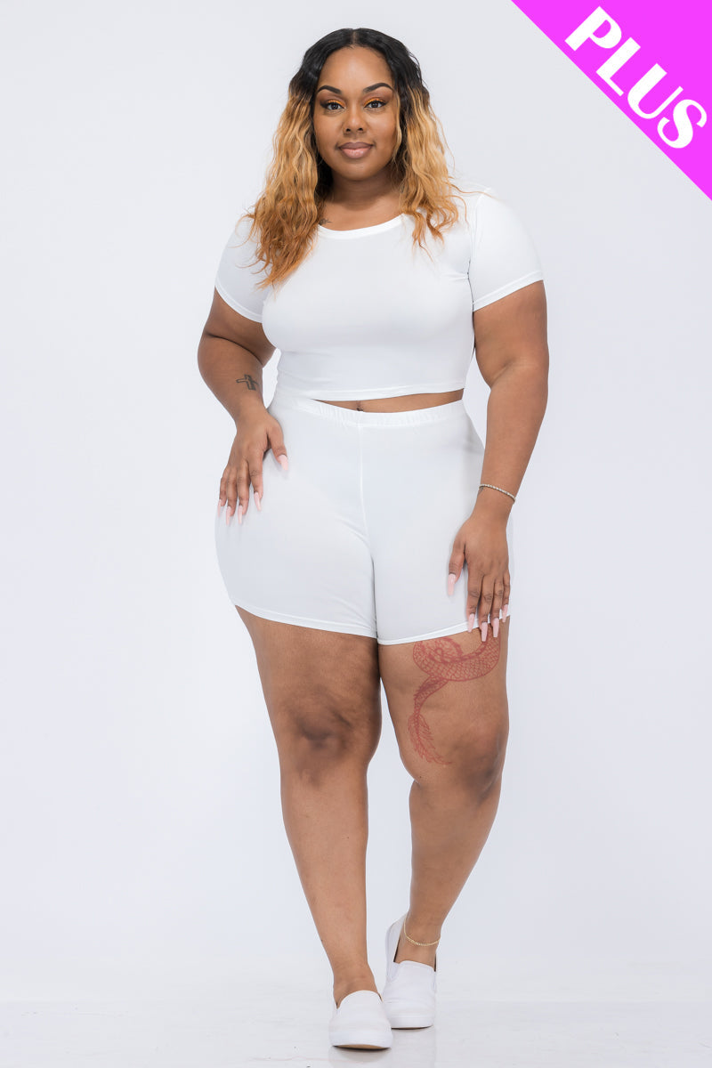 Plus Size Short Sleeve Crop Top & Shorts Set