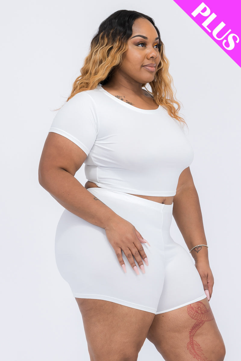 Plus Size Short Sleeve Crop Top & Shorts Set