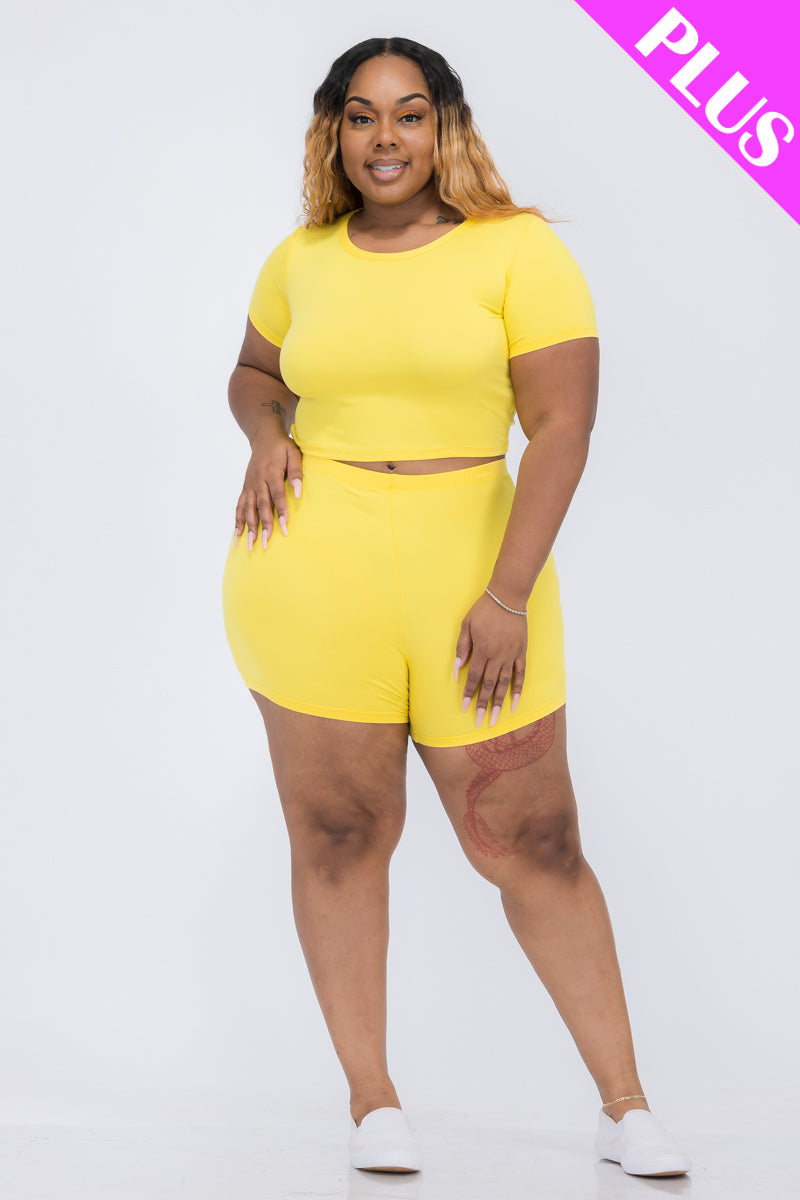 Plus Size Short Sleeve Crop Top & Shorts Set