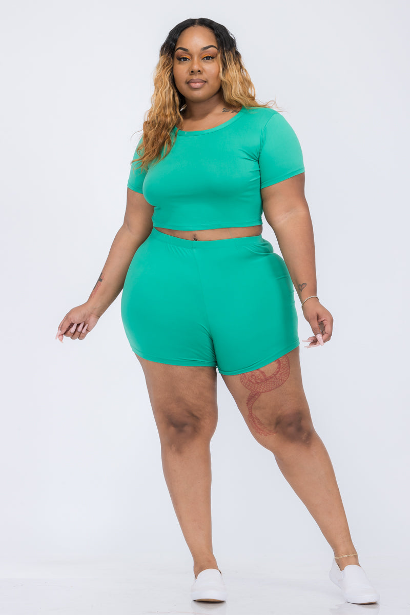 Plus Size Short Sleeve Crop Top & Shorts Set