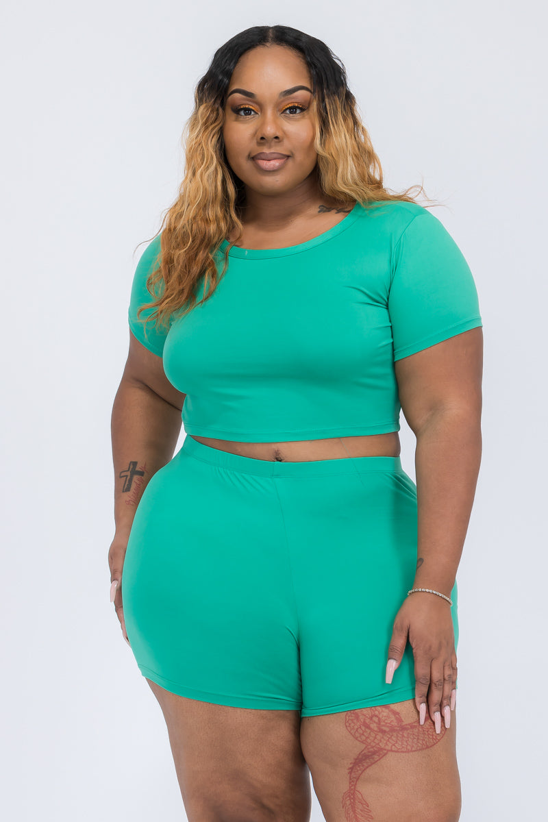 Plus Size Short Sleeve Crop Top & Shorts Set