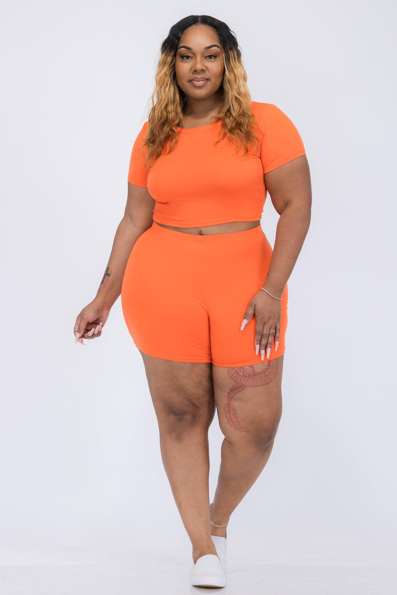 Plus Size Short Sleeve Crop Top & Shorts Set