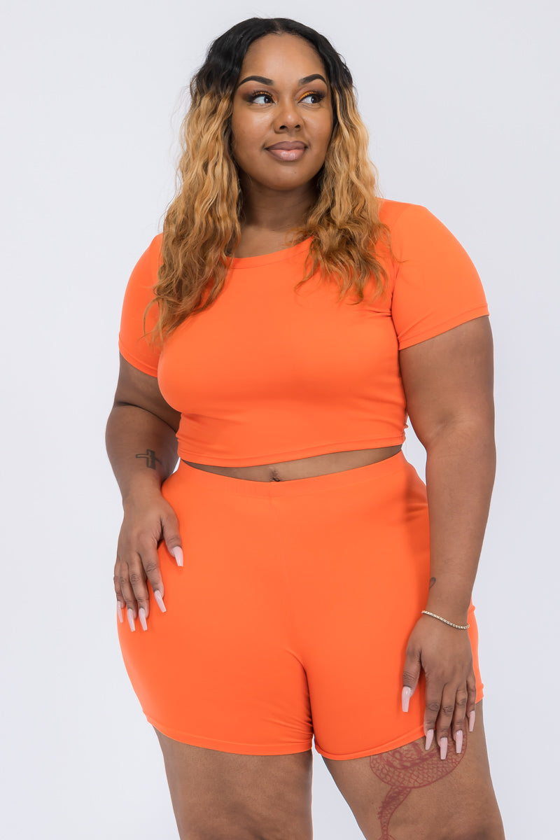 Plus Size Short Sleeve Crop Top & Shorts Set