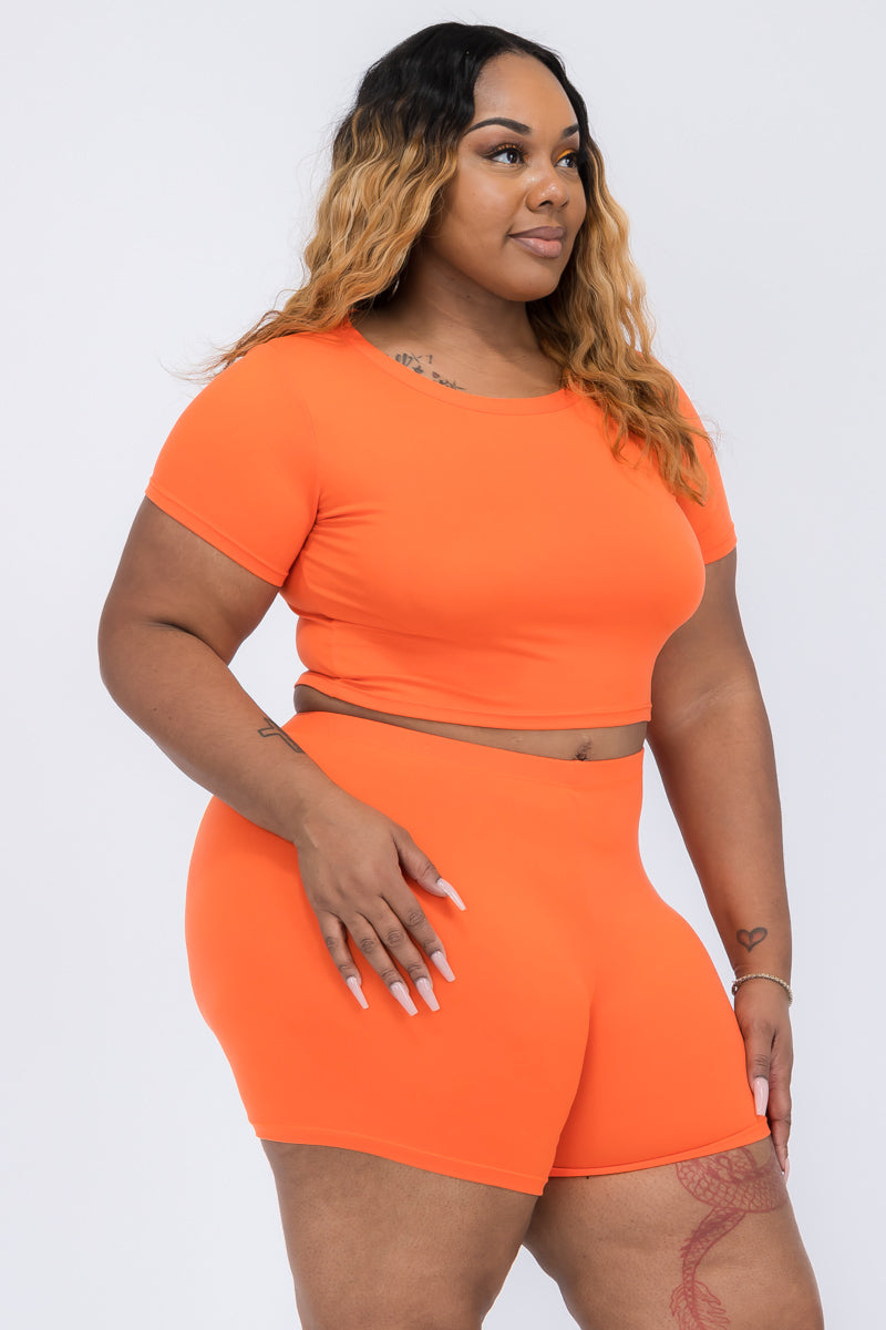 Plus Size Short Sleeve Crop Top & Shorts Set