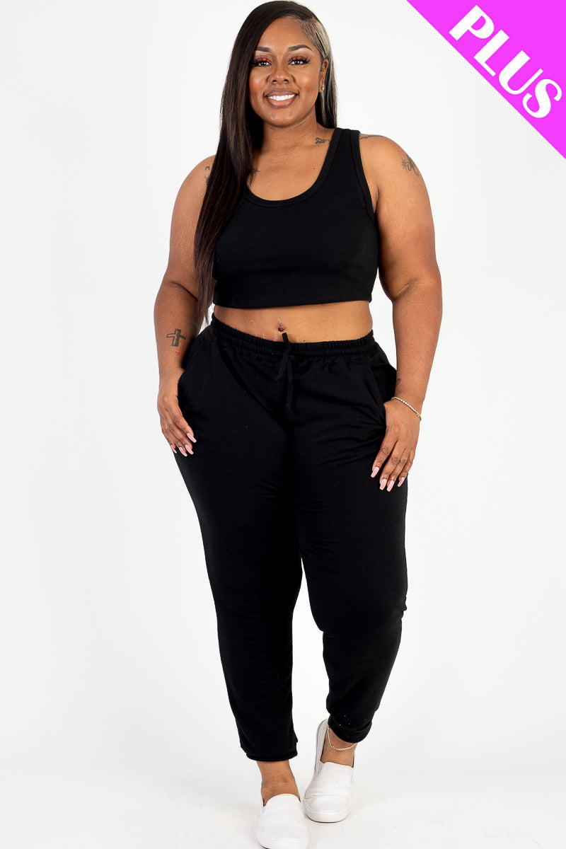 Plus Size French Terry Cropped Tank Top & Joggers Set