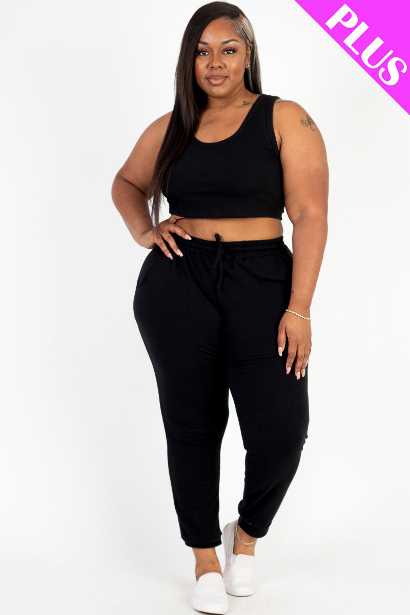 Plus Size French Terry Cropped Tank Top & Joggers Set