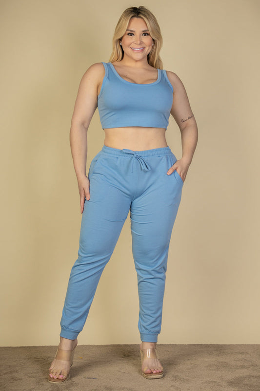 Plus Size French Terry Cropped Tank Top & Joggers Set