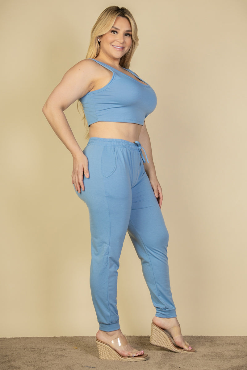 Plus Size French Terry Cropped Tank Top & Joggers Set