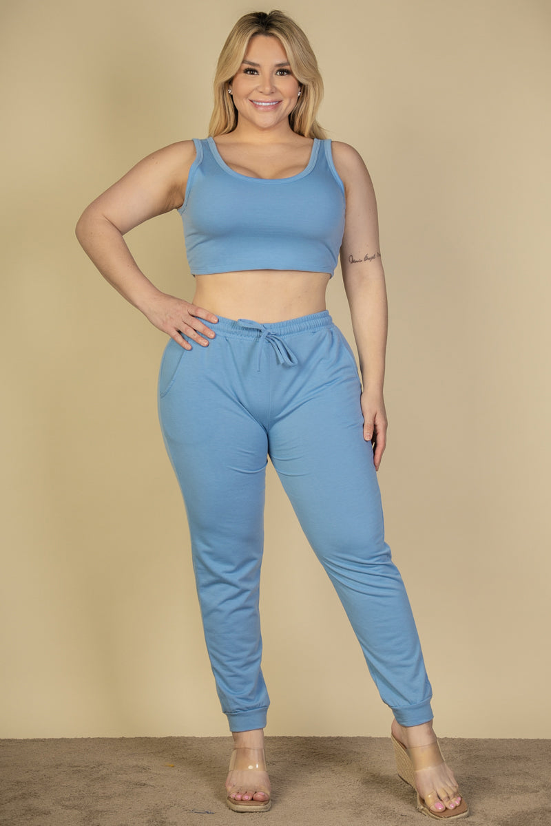 Plus Size French Terry Cropped Tank Top & Joggers Set