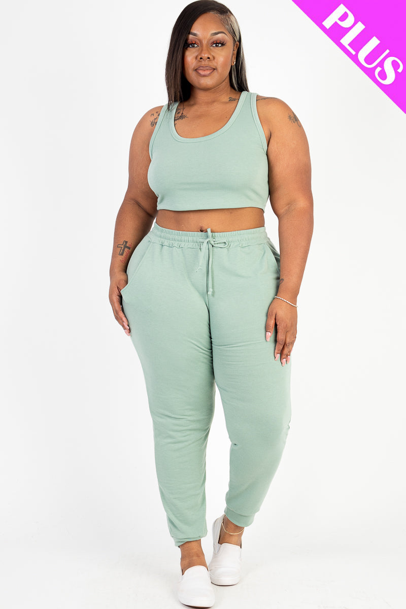 Plus Size French Terry Cropped Tank Top & Joggers Set