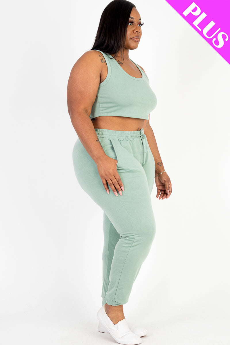 Plus Size French Terry Cropped Tank Top & Joggers Set