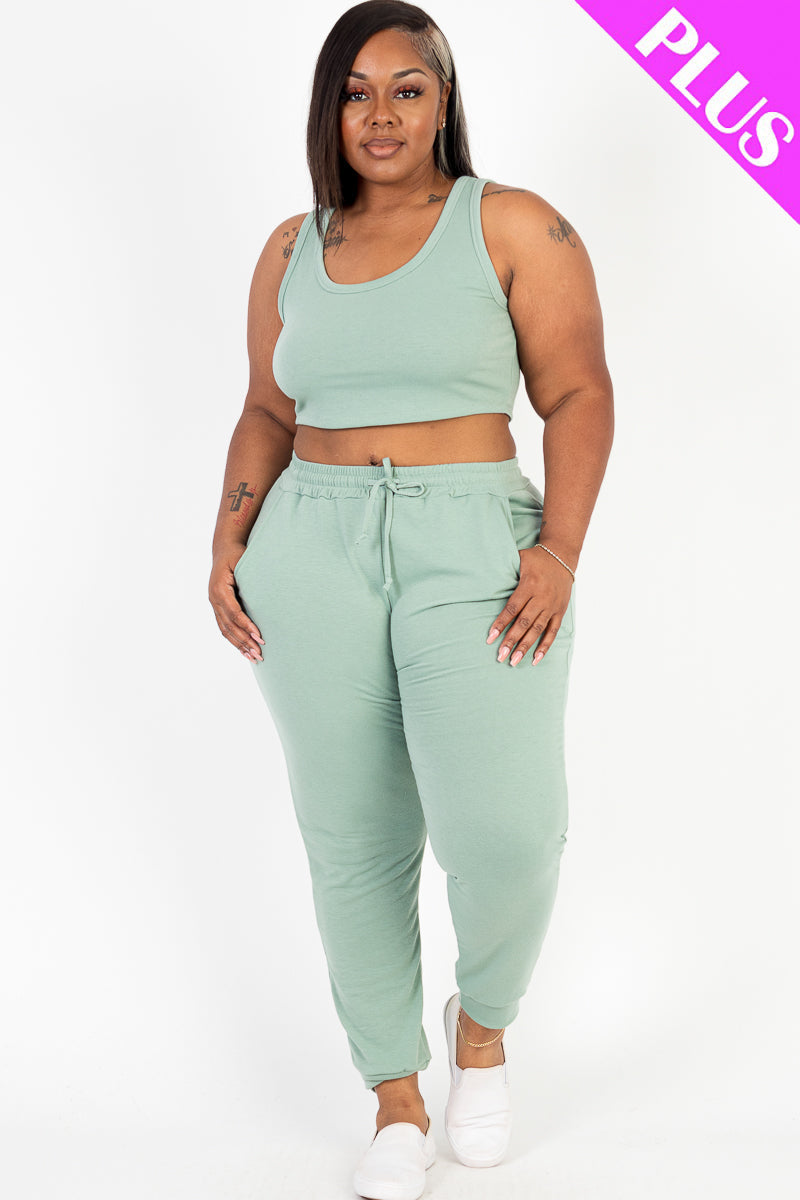 Plus Size French Terry Cropped Tank Top & Joggers Set