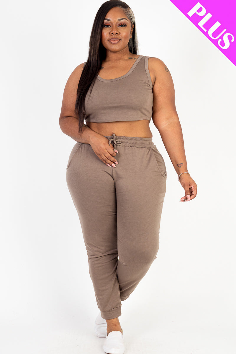 Plus Size French Terry Cropped Tank Top & Joggers Set