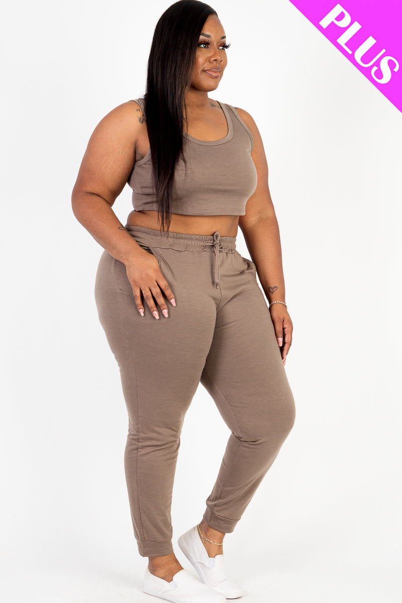 Plus Size French Terry Cropped Tank Top & Joggers Set