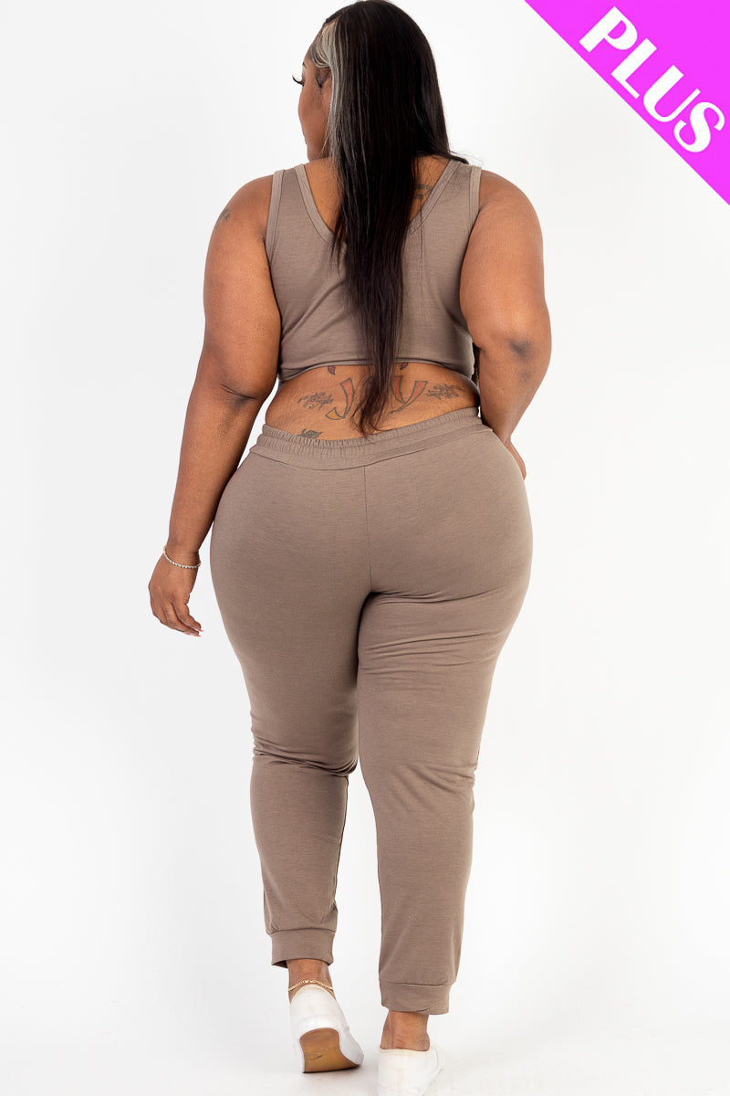 Plus Size French Terry Cropped Tank Top & Joggers Set