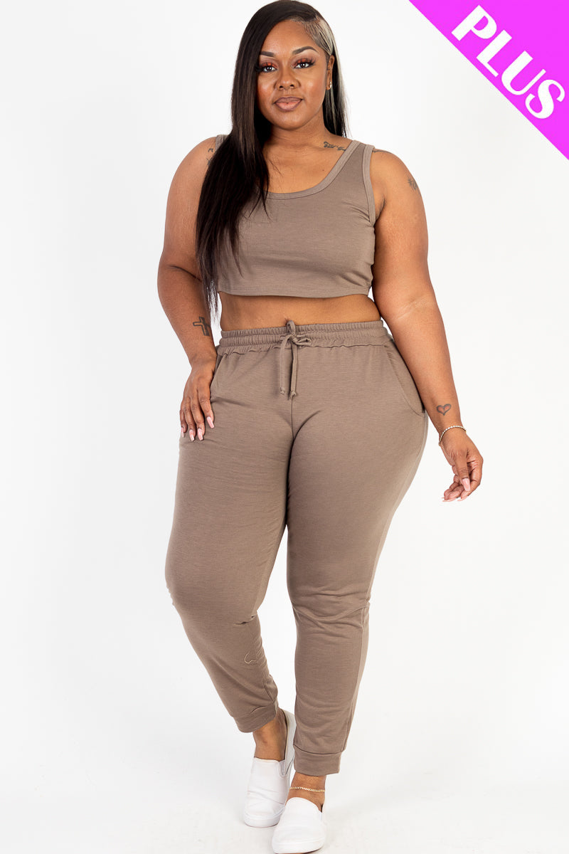 Plus Size French Terry Cropped Tank Top & Joggers Set