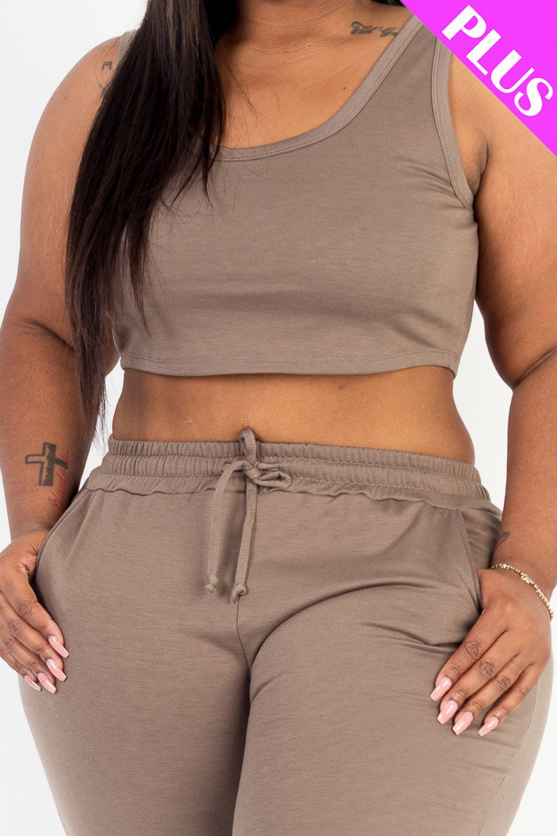 Plus Size French Terry Cropped Tank Top & Joggers Set