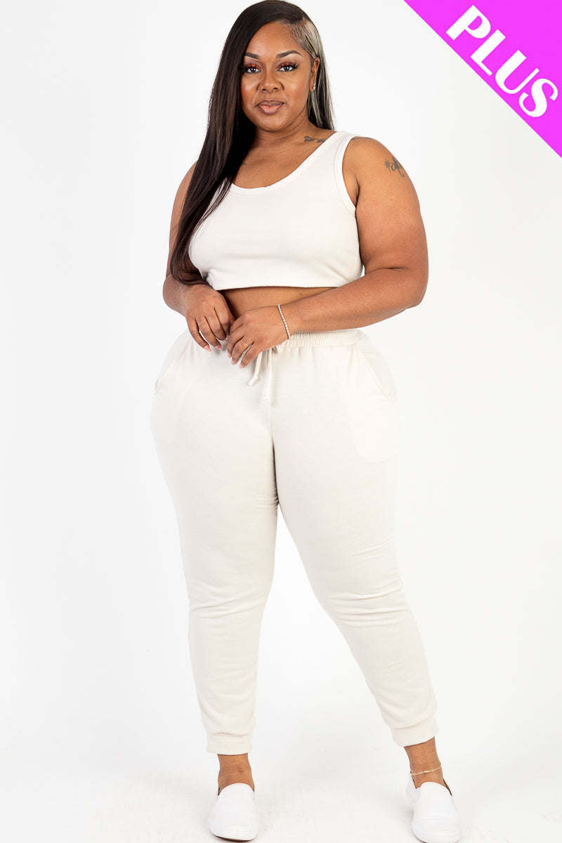 Plus Size French Terry Cropped Tank Top & Joggers Set