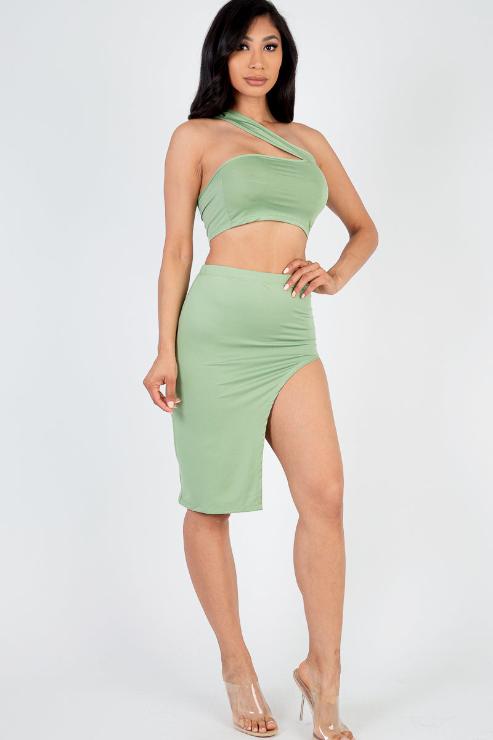 Sexy Solid One Shoulder Crop Top & Split Thigh Midi Skirt Set