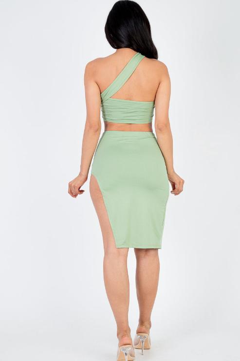 Sexy Solid One Shoulder Crop Top & Split Thigh Midi Skirt Set