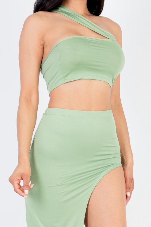 Sexy Solid One Shoulder Crop Top & Split Thigh Midi Skirt Set