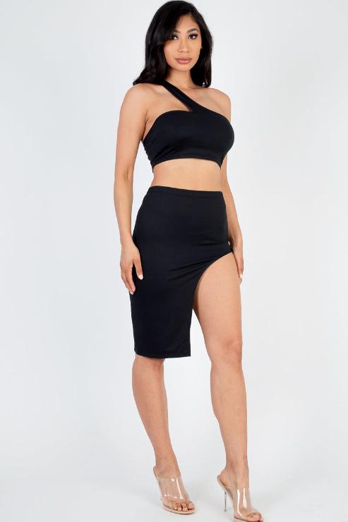 Sexy Solid One Shoulder Crop Top & Split Thigh Midi Skirt Set