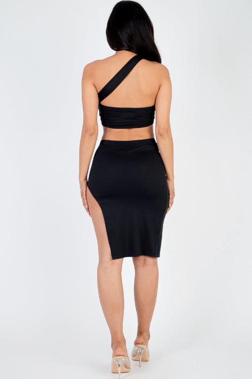 Sexy Solid One Shoulder Crop Top & Split Thigh Midi Skirt Set